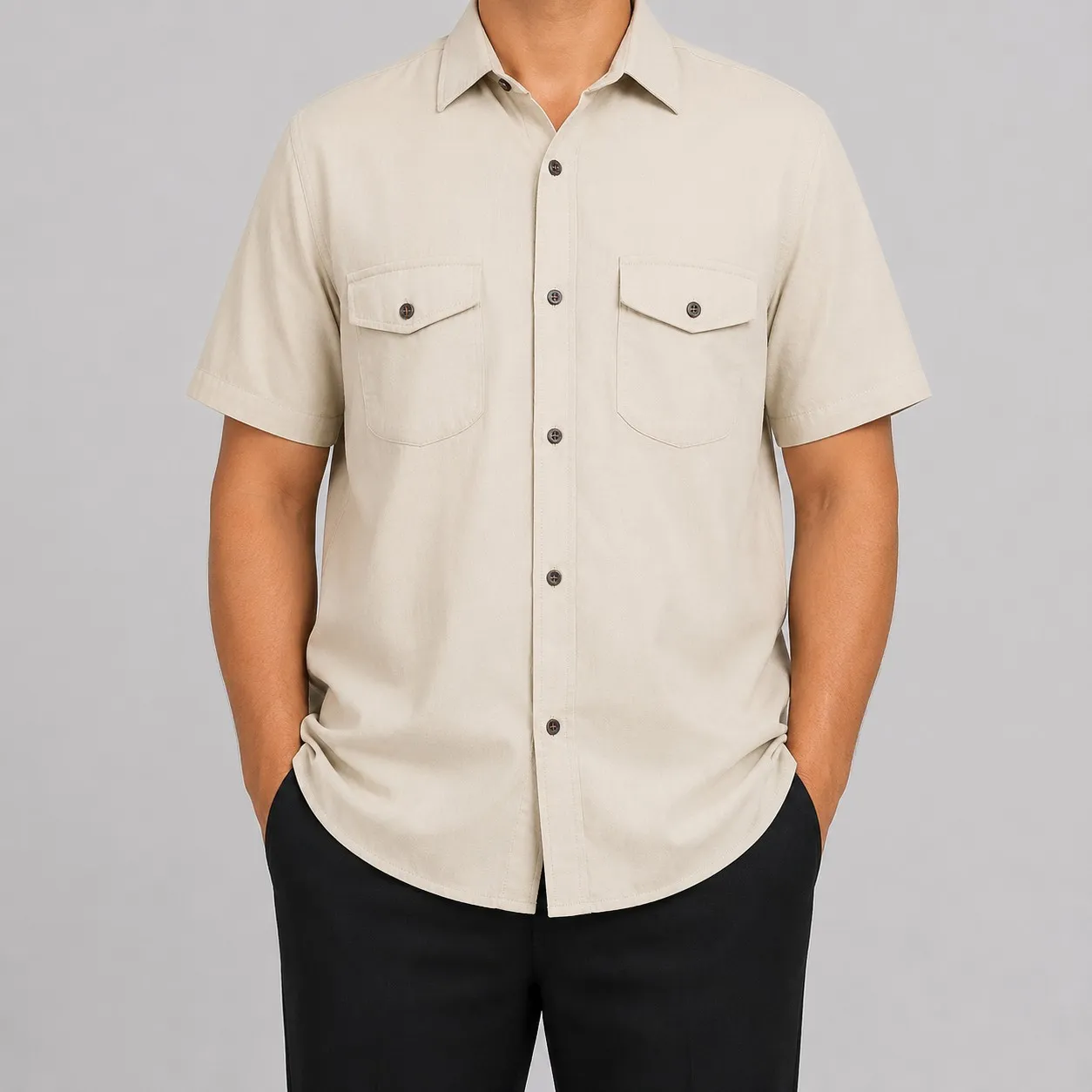 پیراهن مردانه کتان آستین کوتاه دو جیب قواره بزرگ سرمه ای شیری سدری لارج تا دو ایکس لارج