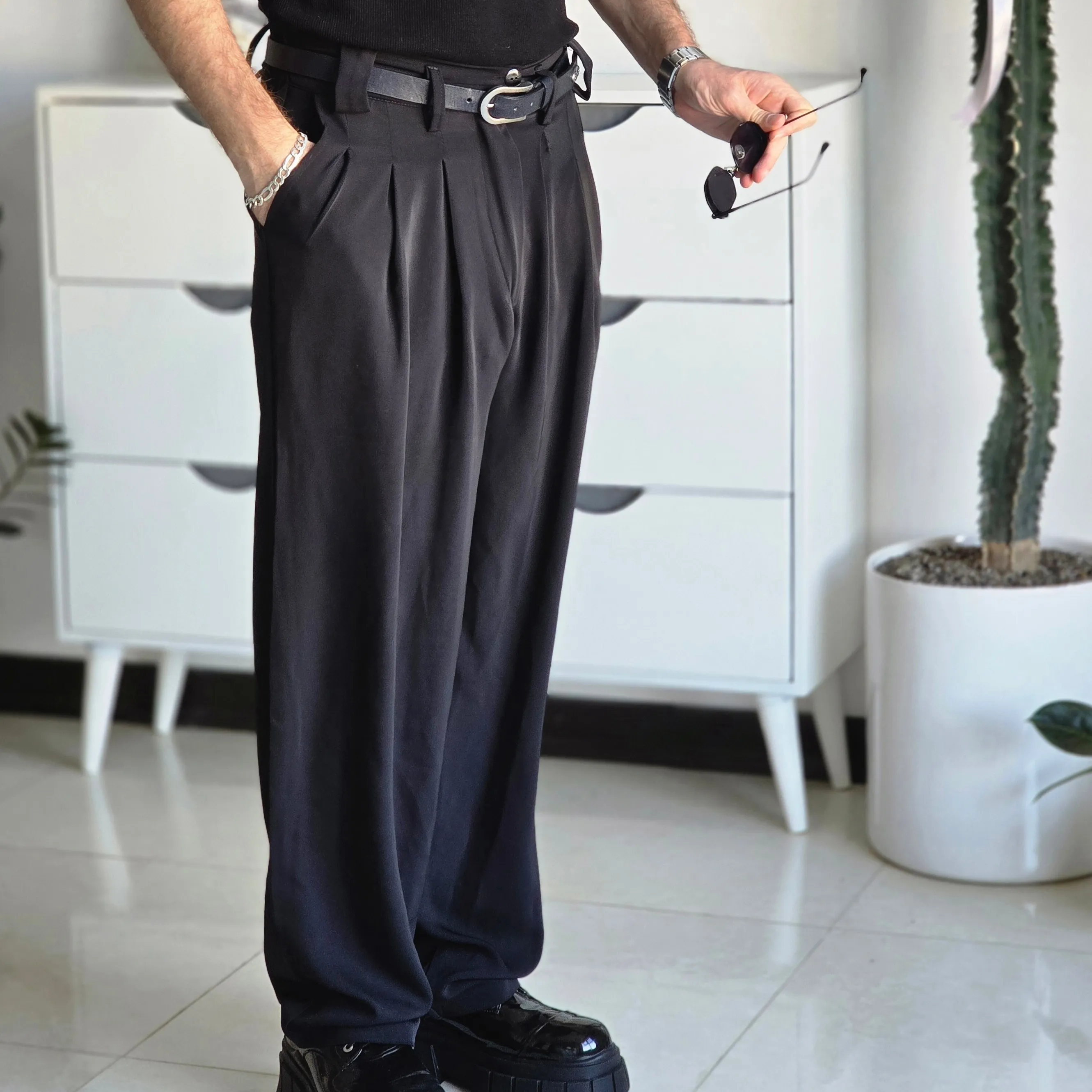شلوار بگ پارچه ای زنانه مدل پیله دار جنس کاترین رنگ مشکی سایز L تا 3XL