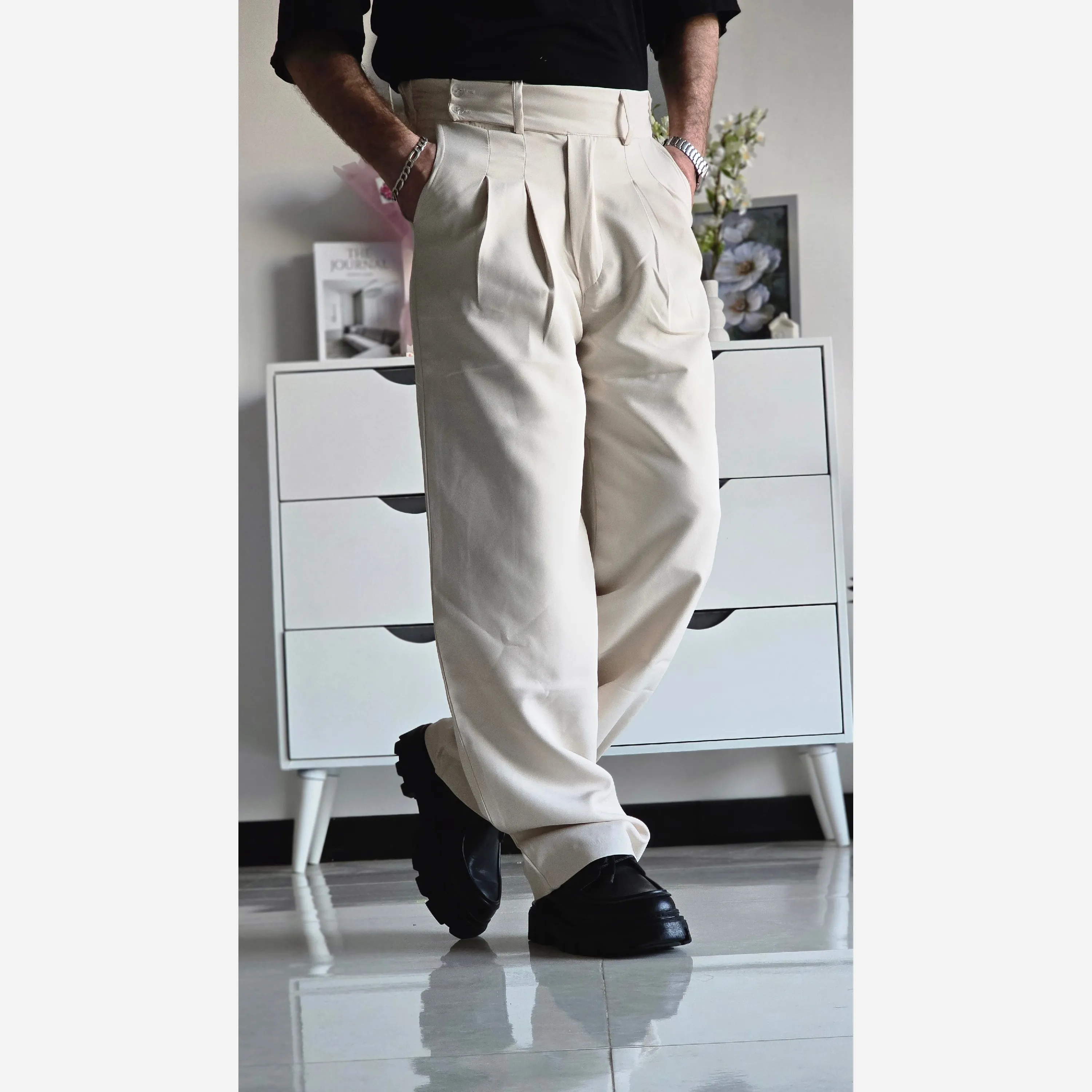 شلوار بگ زنانه پارچه ای مازراتی کمر انگلیسی رنگ مشکی استخوانی قهوه ای سرمه ای