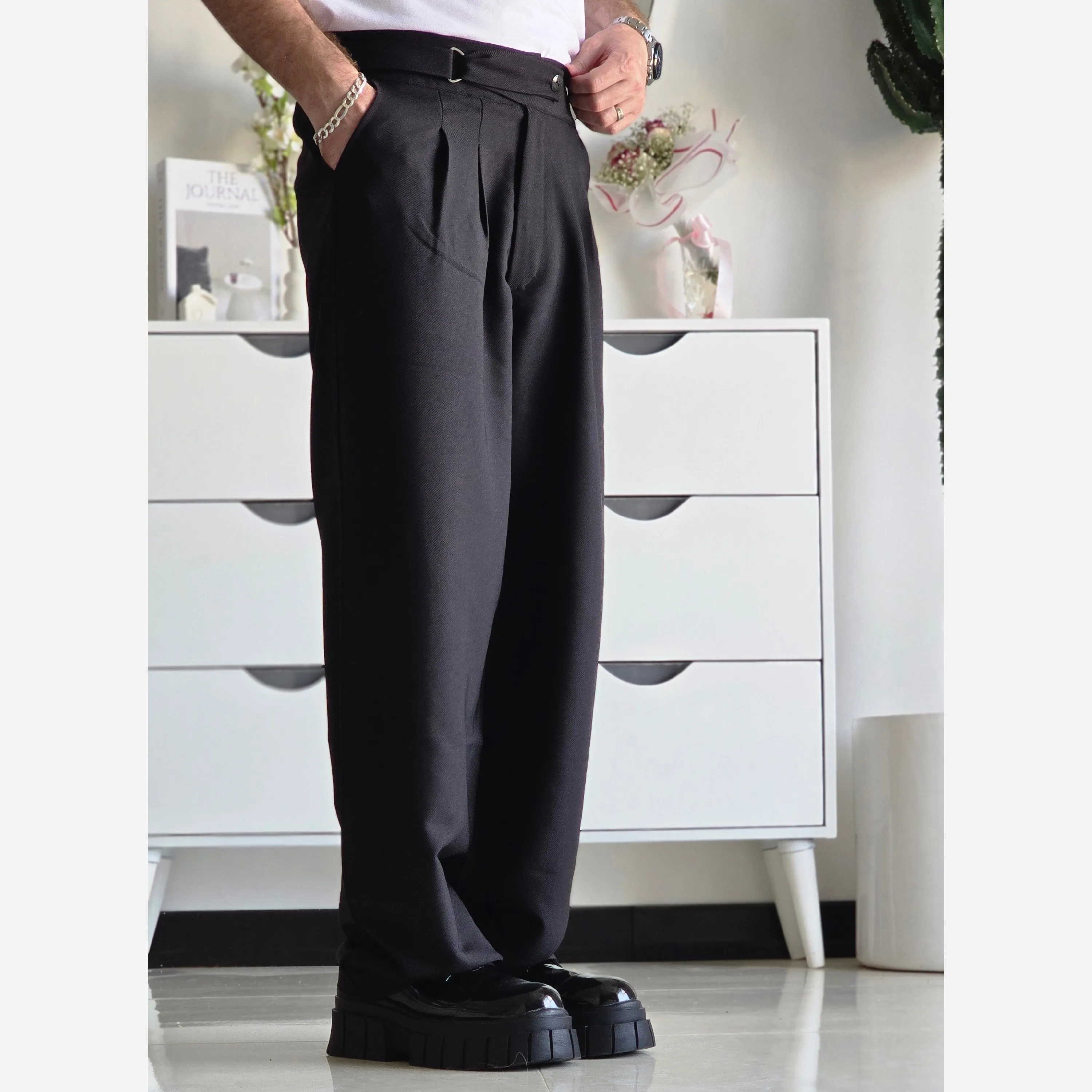 شلوار بگ پارچه ای کجراه مشکی کمر ایتالیایی سایز L تا 3XL