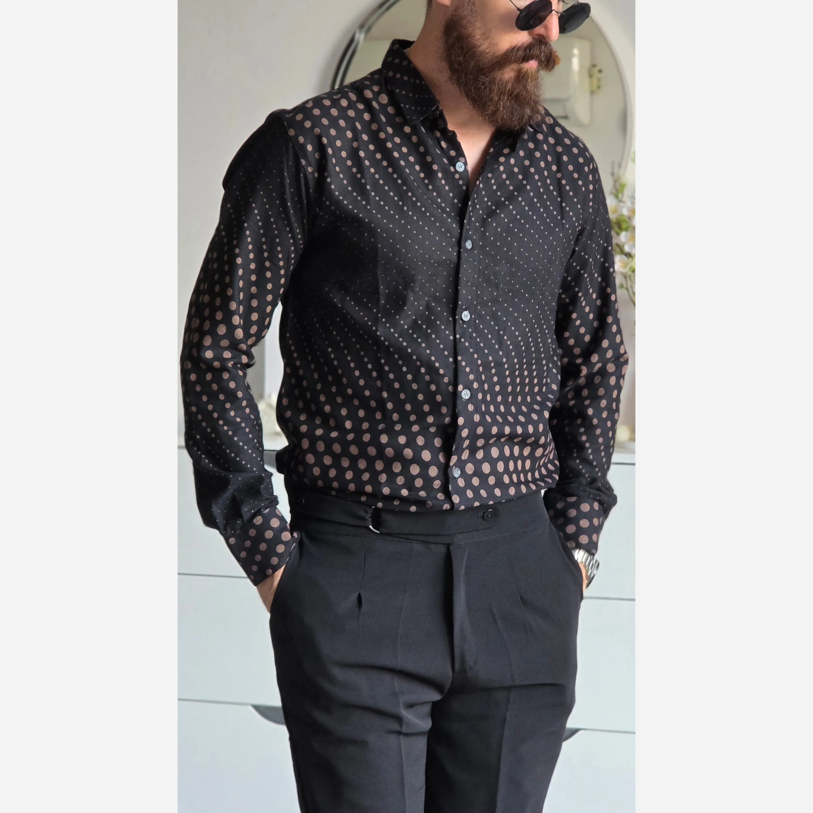 پیراهن مردانه آستین بلند مشکی طرح دار پارچه سارینا سایز M تا XXL