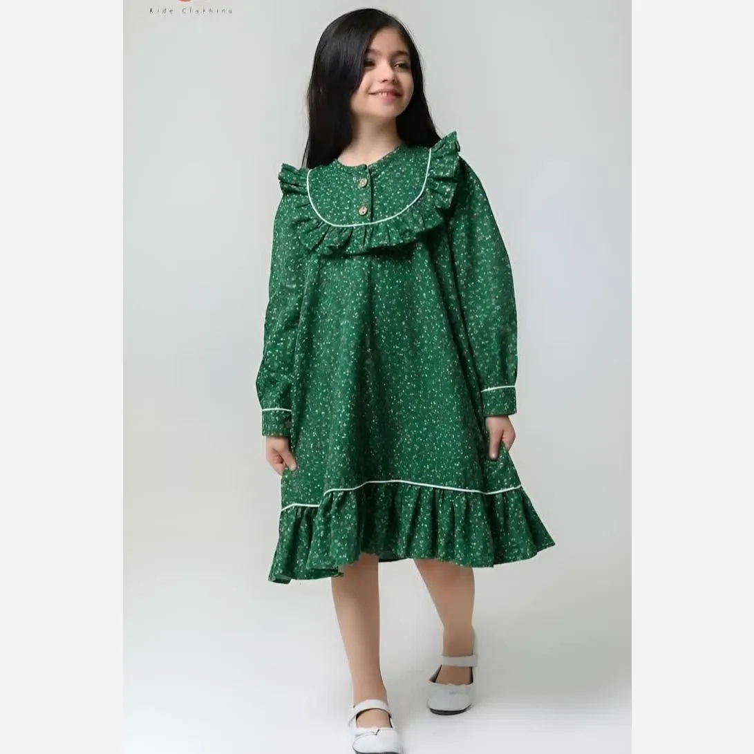 پیراهن کتان تافته دخترانه مهمونی تولد بیرونی رنگ سبز و قرمز سایز 2 تا 8 سال