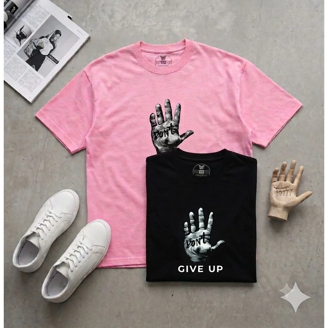 تیشرت نخ پنبه پسرانه و دخترانه طرح Dont Give up رنگ مشکی و صورتی