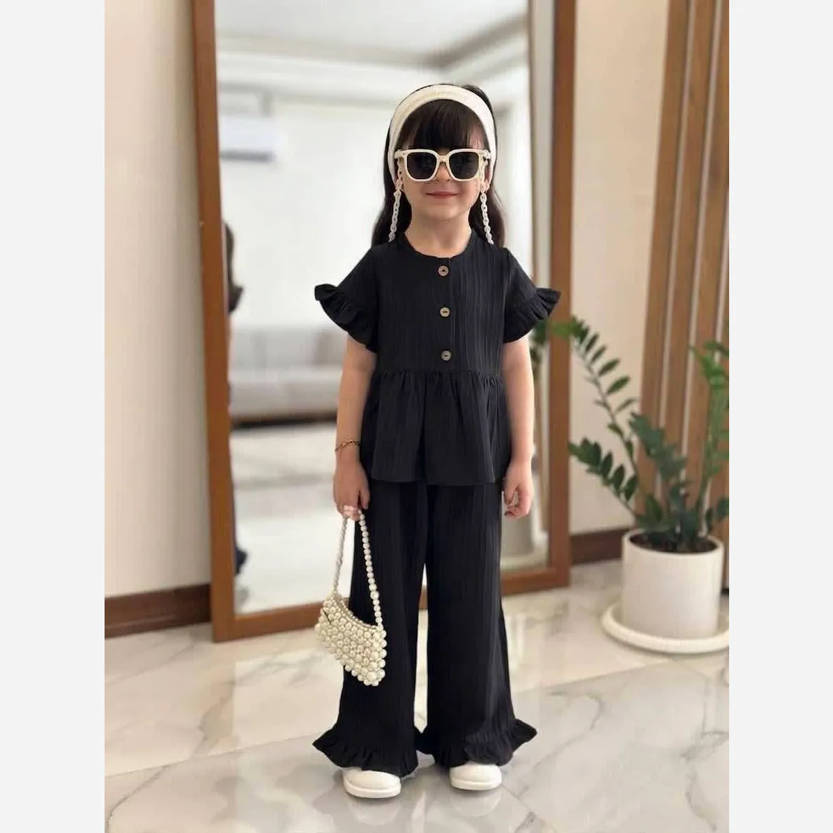 ست تیشرت شومیز و شلوار دخترانه مدل آریسا رنگ مشکی جنس آیوا سایز 40 تا 55